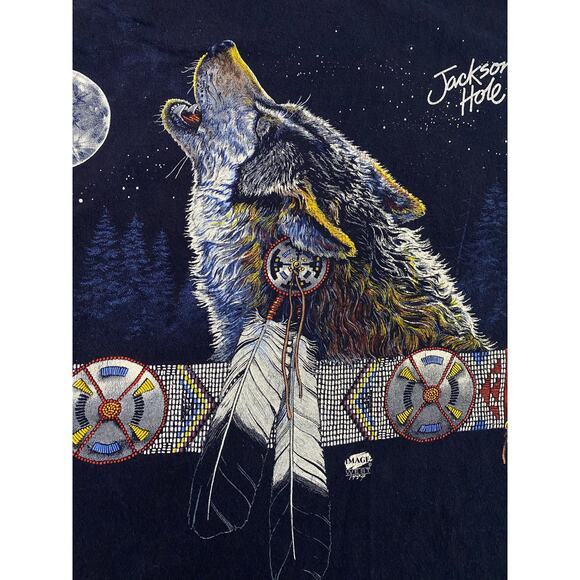 Vintage 90s Wolf Nature T-Shirt Jackson Hole Wyoming USA Men’s Size XL Blue - Picture 5 of 9